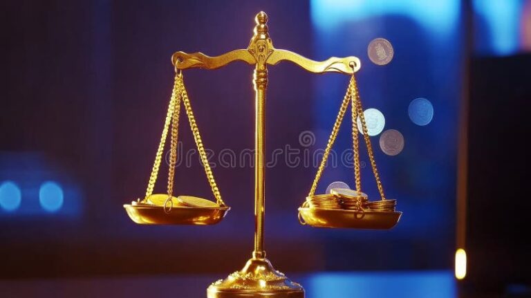 balanca de justica com moedas ao fundo