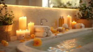 banho relaxante com velas e flores