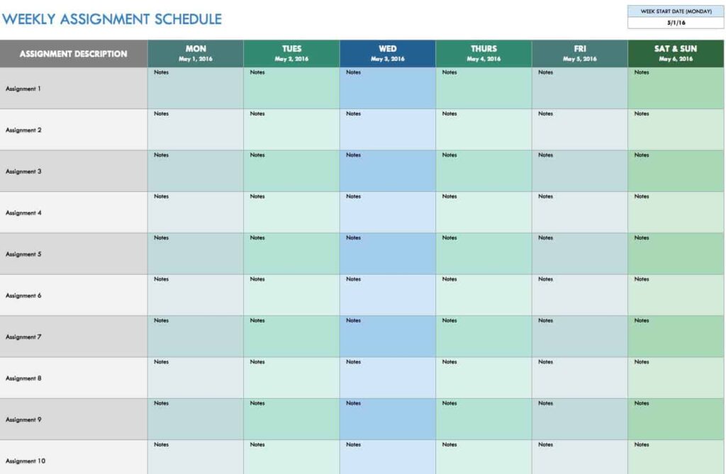 calendario semanal com horarios organizados