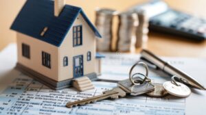 casa com chave e documentos financeiros
