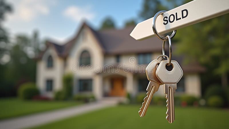 casa com sinal de vendido e chaves