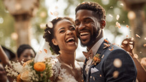 casal celebrando casamento em festa alegre