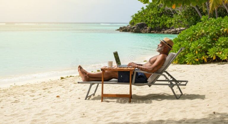 funcionario relaxando em uma praia ensolarada