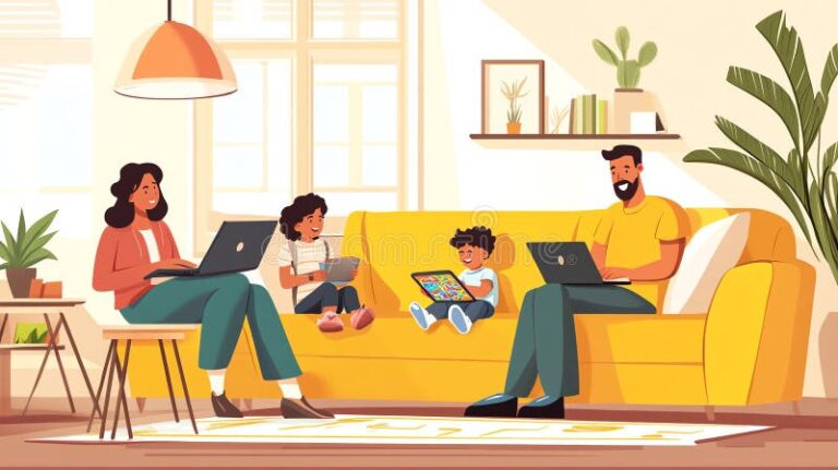 Como Funciona o Tudo em Dia Caixa e Quais São Seus Benefícios 40 ilustracao de uma familia usando servicos digitais