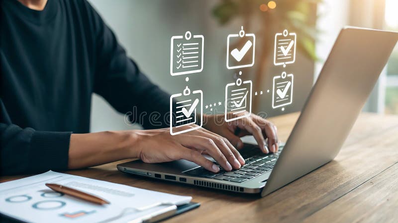 maos trabalhando em laptop e documentos