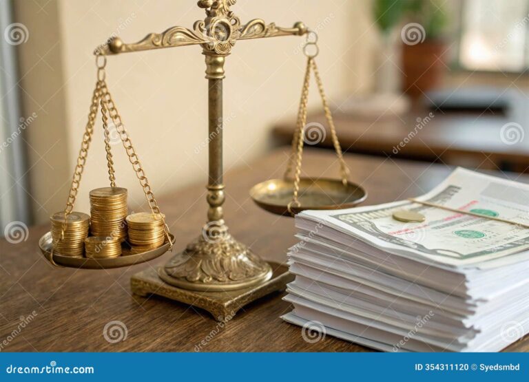 uma balanca com moedas e documentos